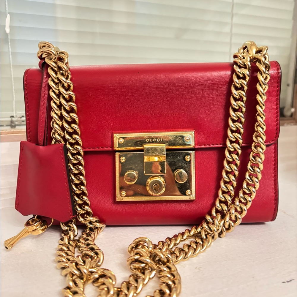 Leather Shoulder Bag, Gucci Padlock Small Signature Red
